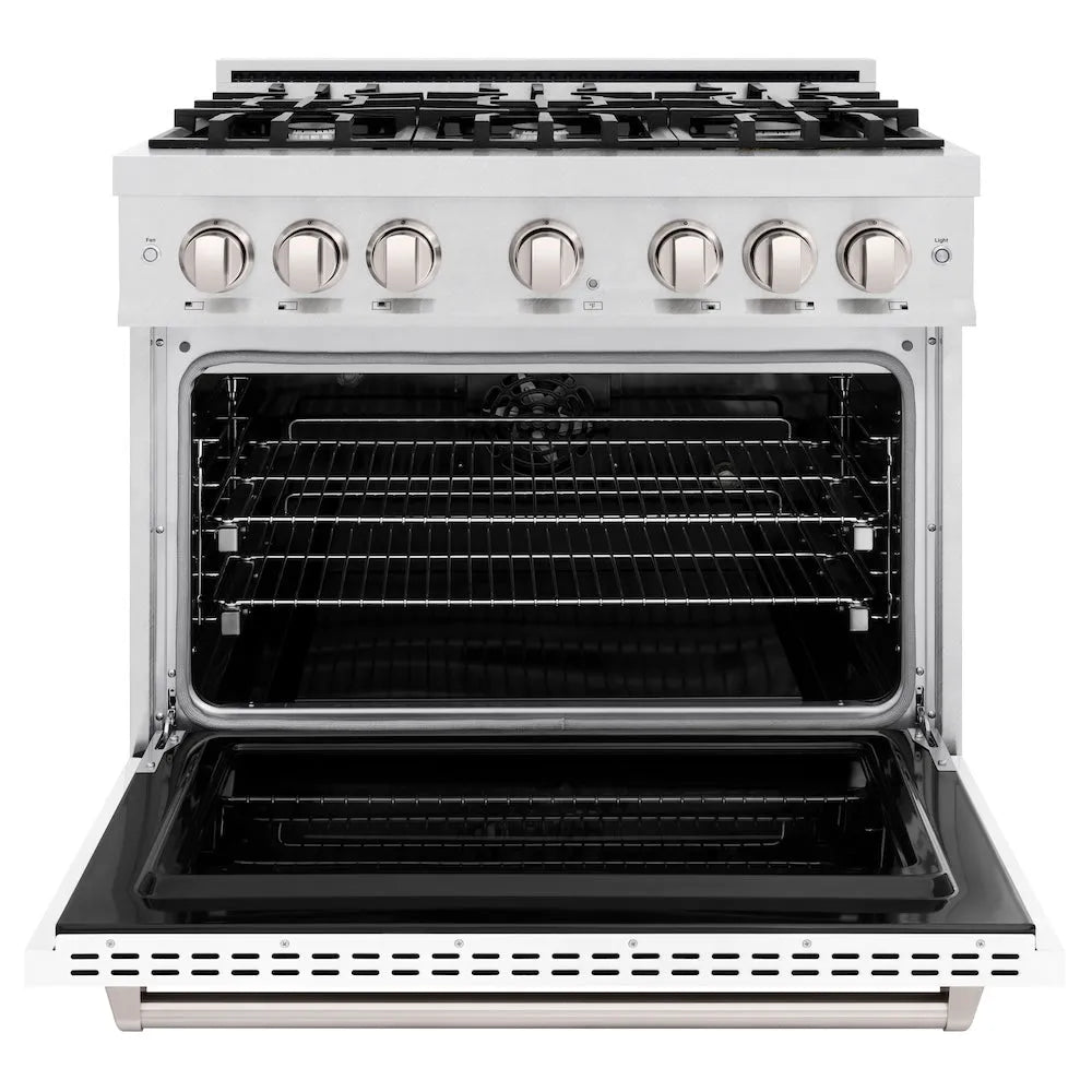 ZLINE Classic 36-inch range in satin stainless steel with white matte door CDRS-WM-36, front view