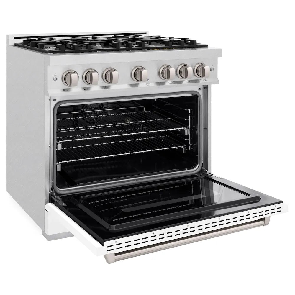 ZLINE Classic 36-inch range in satin stainless steel with white matte door CDRS-WM-36, door open
