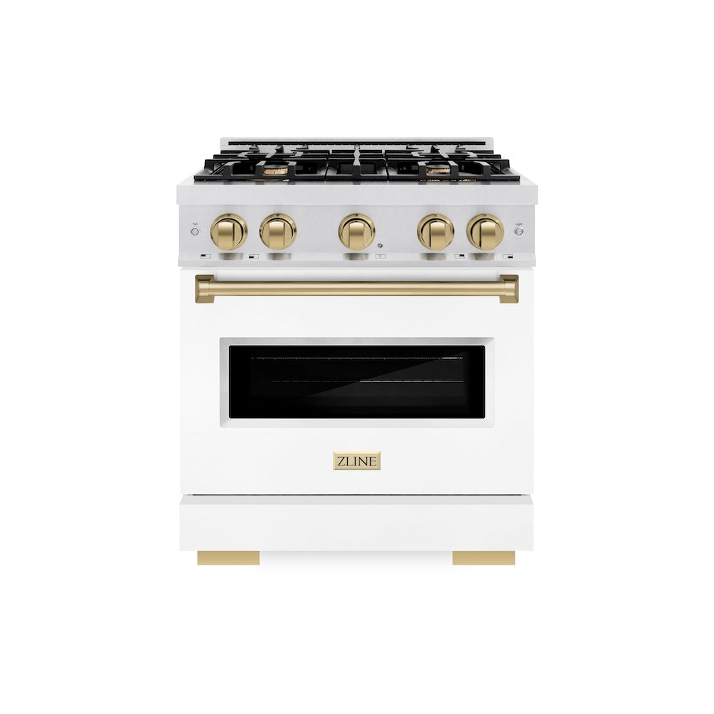 ZLINE Autograph Edition Classic 30-inch range in satin stainless steel with white matte door and champagne bronze accents CDRSZ-WM-30-CB, front view