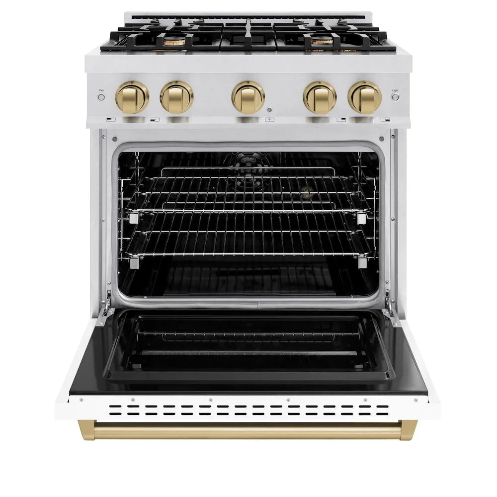 ZLINE Autograph Edition Classic 30-inch range in satin stainless steel with white matte door and champagne bronze accents CDRSZ-WM-30-CB, front view