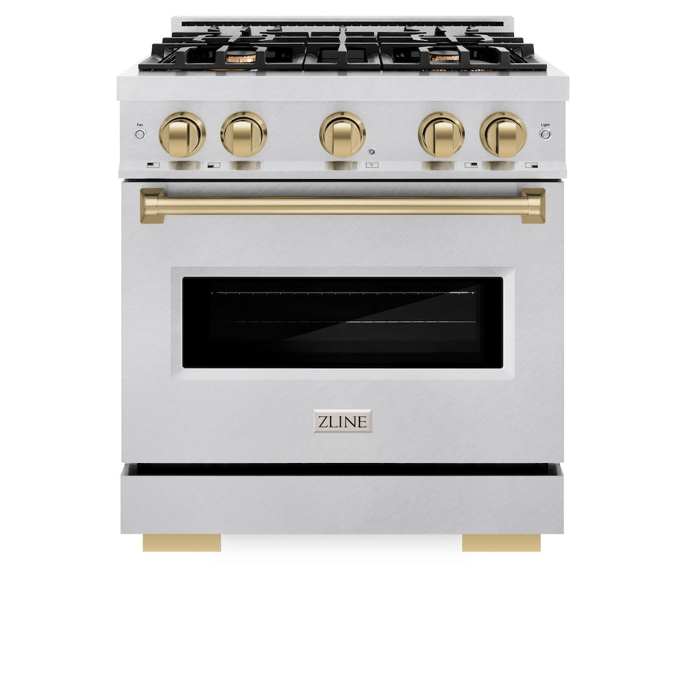 ZLINE Autograph Edition Classic 30-inch range in satin stainless steel and champagne bronze accents CDRSZ-30-CB, front view