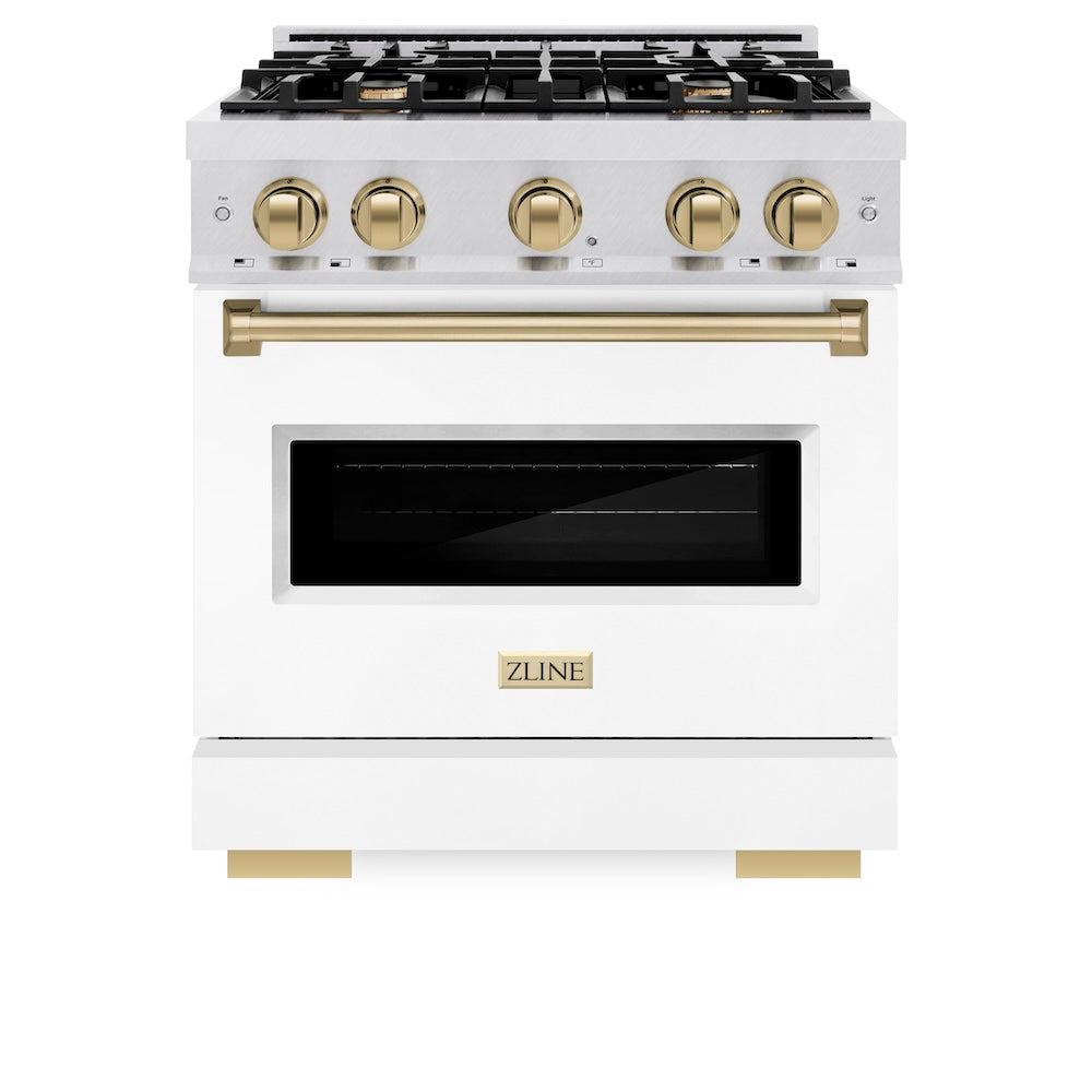 ZLINE Autograph Edition Classic 30-inch range in satin stainless steel with white matte door and champagne bronze accents CDRSZ-WM-30-CB, front view
