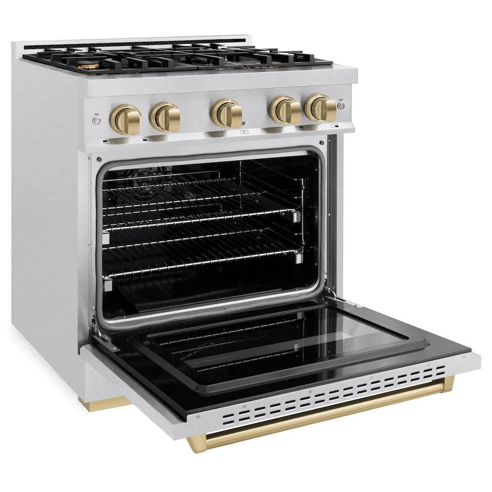 ZLINE Autograph Edition Classic 30-inch range in satin stainless steel and champagne bronze accents CDRSZ-30-CB, door open