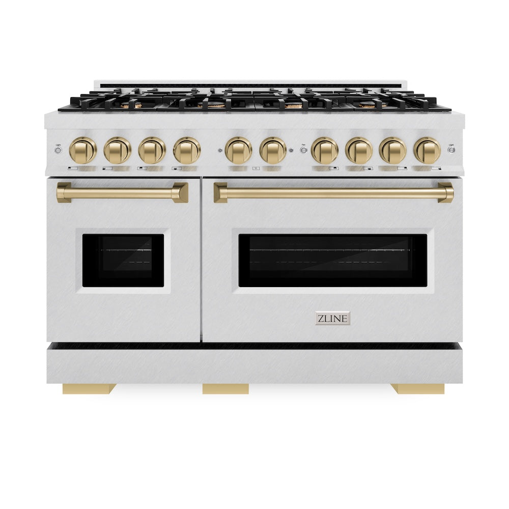 ZLINE Autograph Edition Classic 48-inch range in satin stainless steel and champagne bronze accents CDRSZ-48-CB, front view