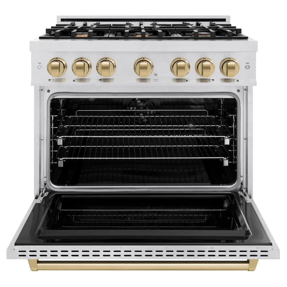 ZLINE Autograph Edition Classic 36-inch range in satin stainless steel and champagne bronze accents CDRSZ-36-CB, front view