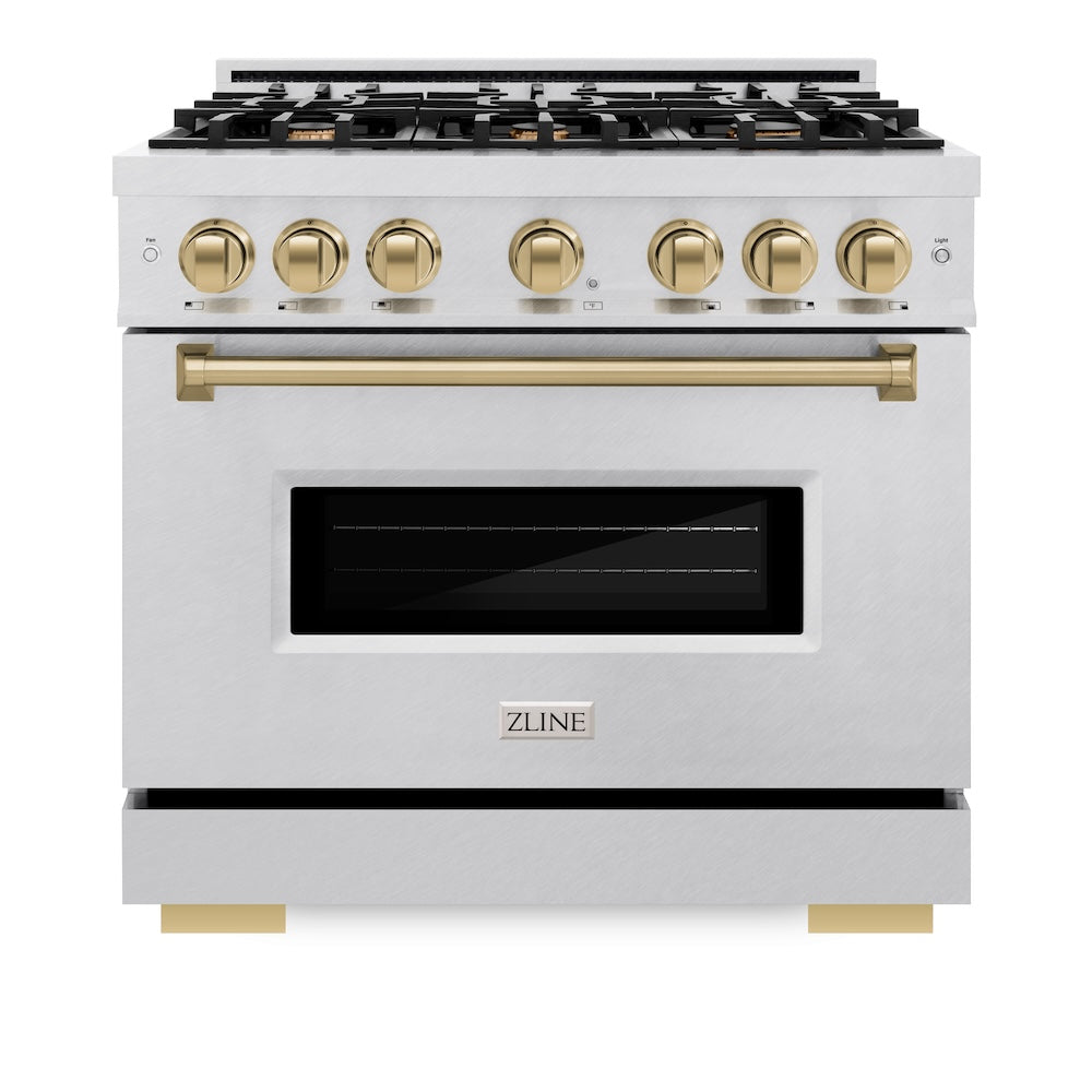 ZLINE Autograph Edition Classic 36-inch range in satin stainless steel and champagne bronze accents CDRSZ-36-CB, front view