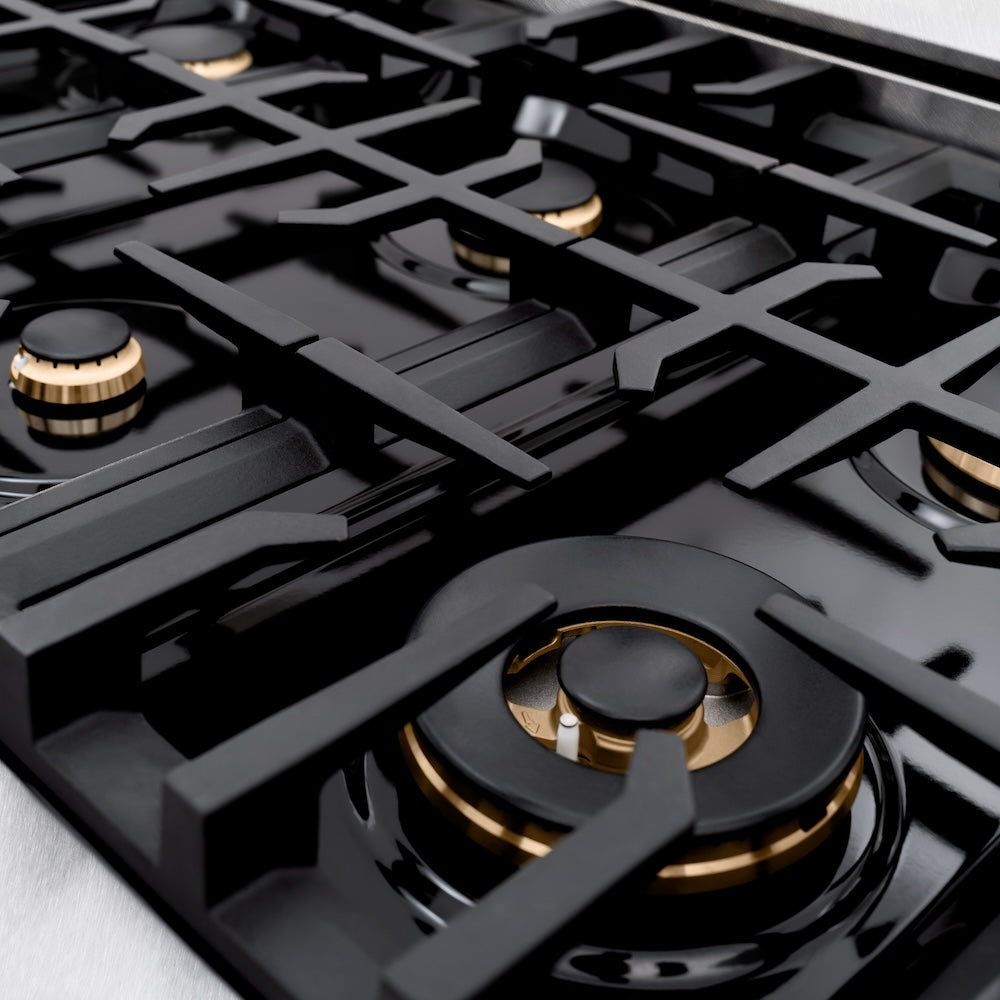 ZLINE Autograph Edition Classic 48-inch range in satin stainless steel with black matte door and champagne bronze accents CDRSZ-BLM-48-CB, detail