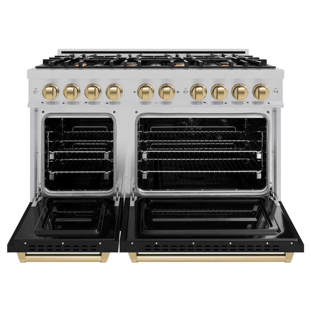 ZLINE Autograph Edition Classic 48-inch range in satin stainless steel with black matte door and champagne bronze accents CDRSZ-BLM-48-CB, front view