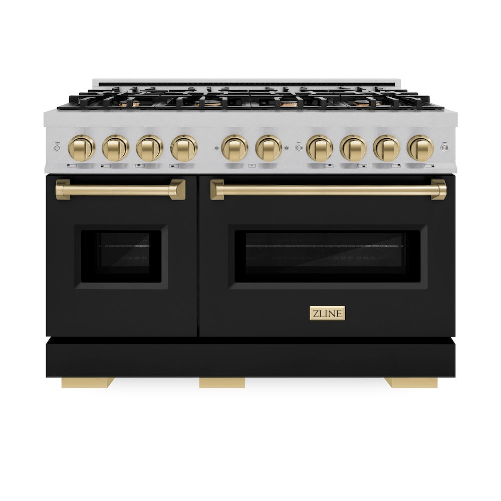 ZLINE Autograph Edition Classic 48-inch range in satin stainless steel with black matte door and champagne bronze accents CDRSZ-BLM-48-CB, front view