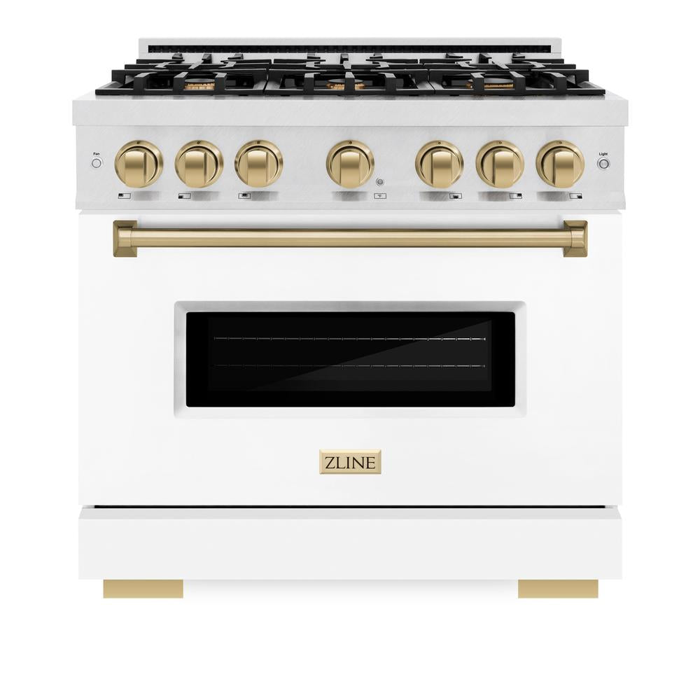 ZLINE Autograph Edition Classic 36-inch range in satin stainless steel with white matte door and champagne bronze accents CDRSZ-WM-36-CB, front view