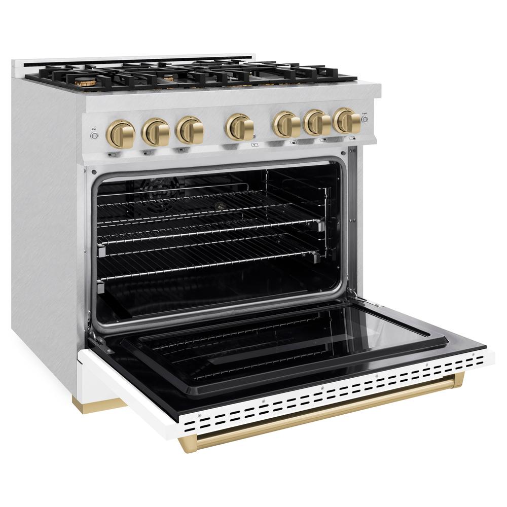 ZLINE Autograph Edition Classic 36-inch range in satin stainless steel with white matte door and champagne bronze accents CDRSZ-WM-36-CB, door open
