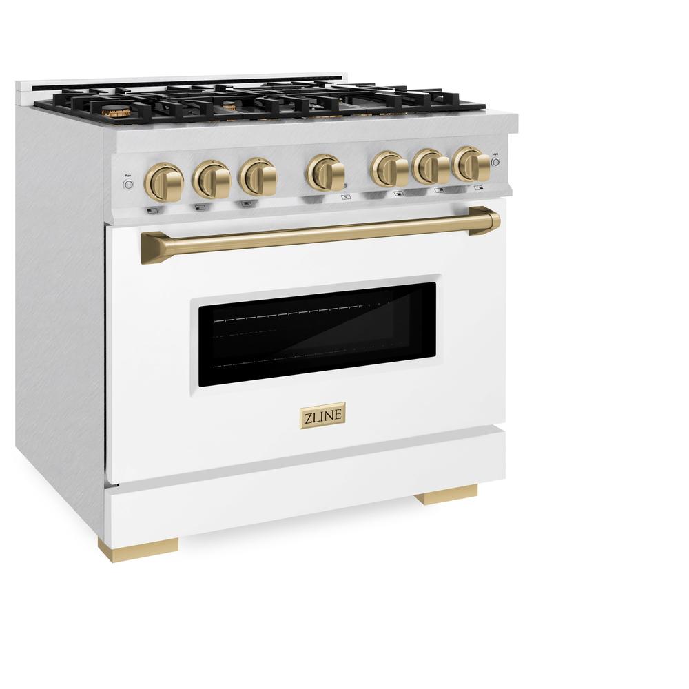 ZLINE Autograph Edition Classic 36-inch range in satin stainless steel with white matte door and champagne bronze accents CDRSZ-WM-36-CB, view 3