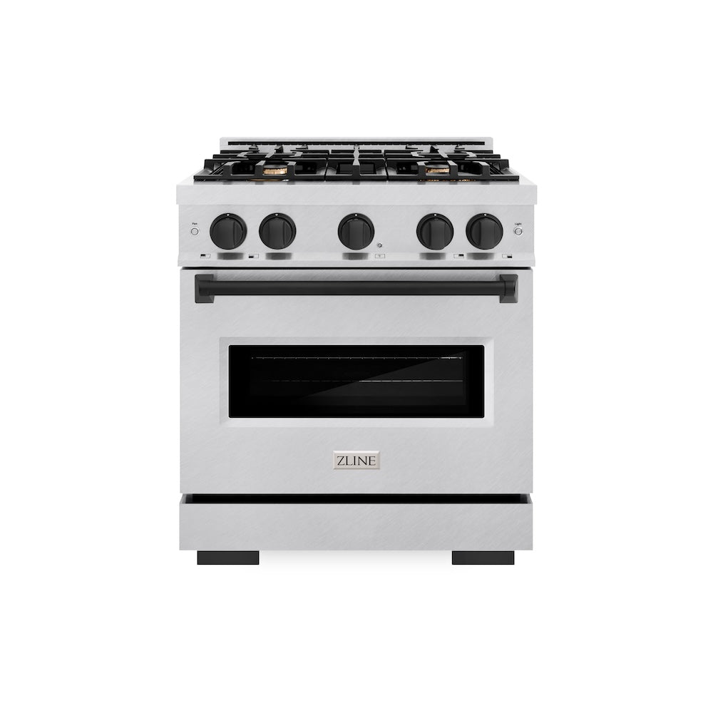 ZLINE Autograph Edition Classic 30-inch range in satin stainless steel and matte black accents CDRSZ-30-MB, front view