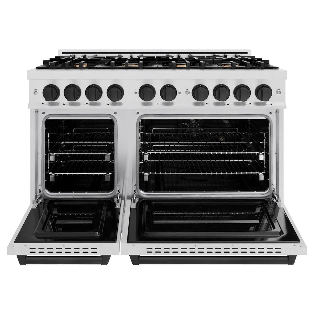 ZLINE Autograph Edition Classic 48-inch range in satin stainless steel and matte black accents CDRSZ-48-MB, front view