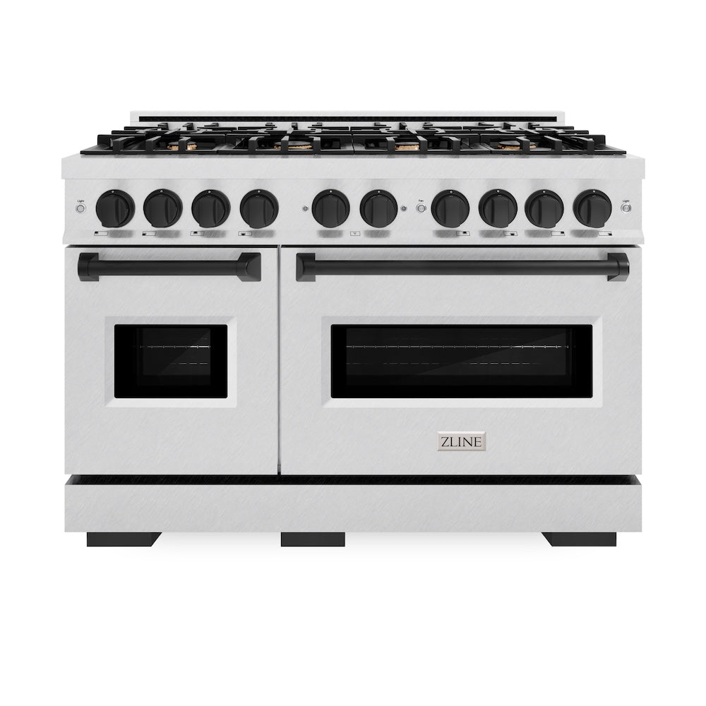 ZLINE Autograph Edition Classic 48-inch range in satin stainless steel and matte black accents CDRSZ-48-MB, front view