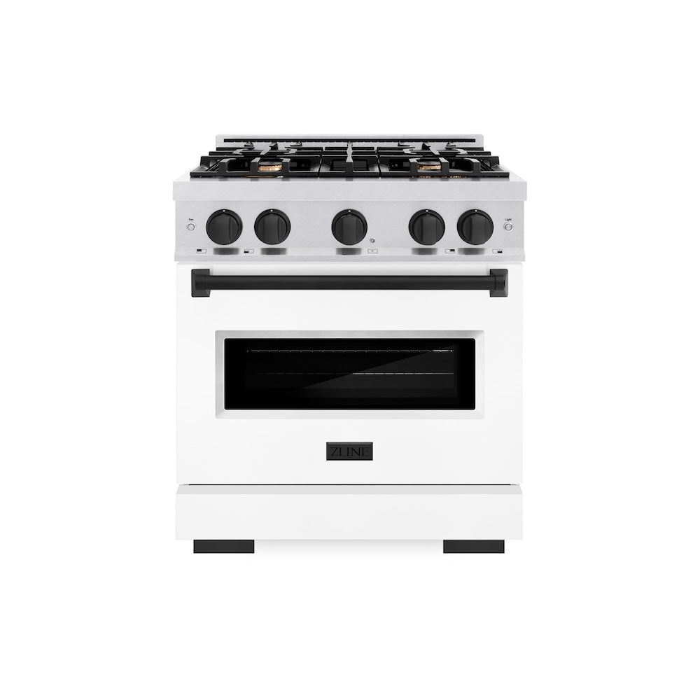 ZLINE Autograph Edition Classic 30-inch range in satin stainless steel with white matte door and matte black accents CDRSZ-WM-30-MB, front view
