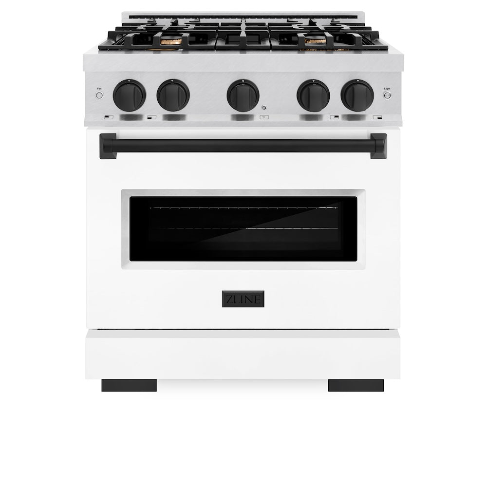 ZLINE Autograph Edition Classic 30-inch range in satin stainless steel with white matte door and matte black accents CDRSZ-WM-30-MB, front view