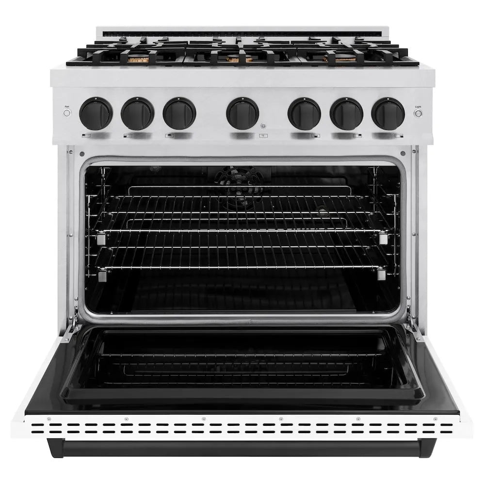 ZLINE Autograph Edition Classic 36-inch range in satin stainless steel with white matte door and matte black accents CDRSZ-WM-36-MB, front view