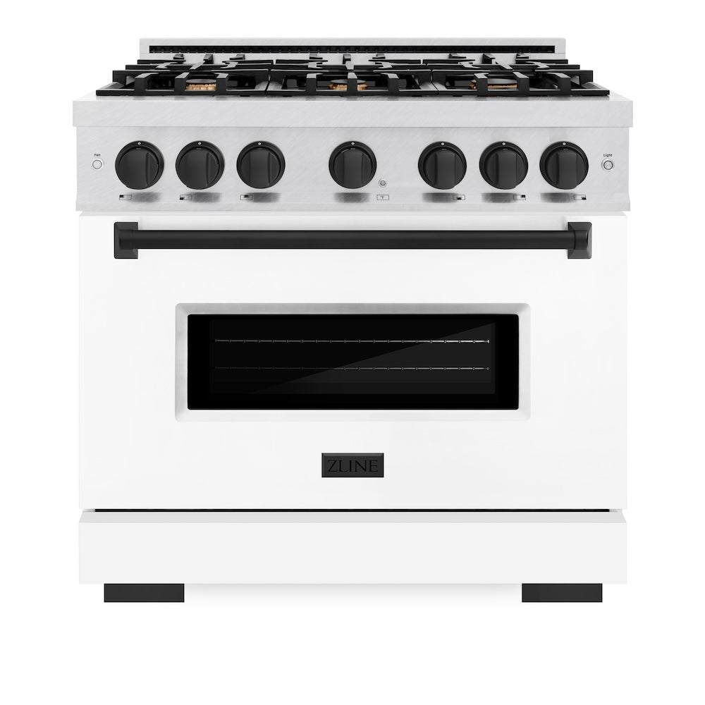 ZLINE Autograph Edition Classic 36-inch range in satin stainless steel with white matte door and matte black accents CDRSZ-WM-36-MB, front view