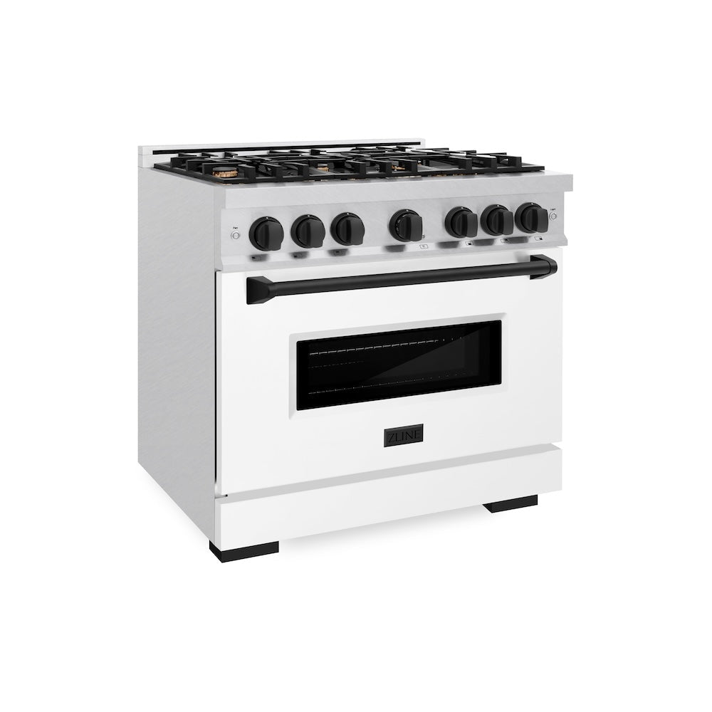 ZLINE Autograph Edition Classic 36-inch range in satin stainless steel with white matte door and matte black accents CDRSZ-WM-36-MB
