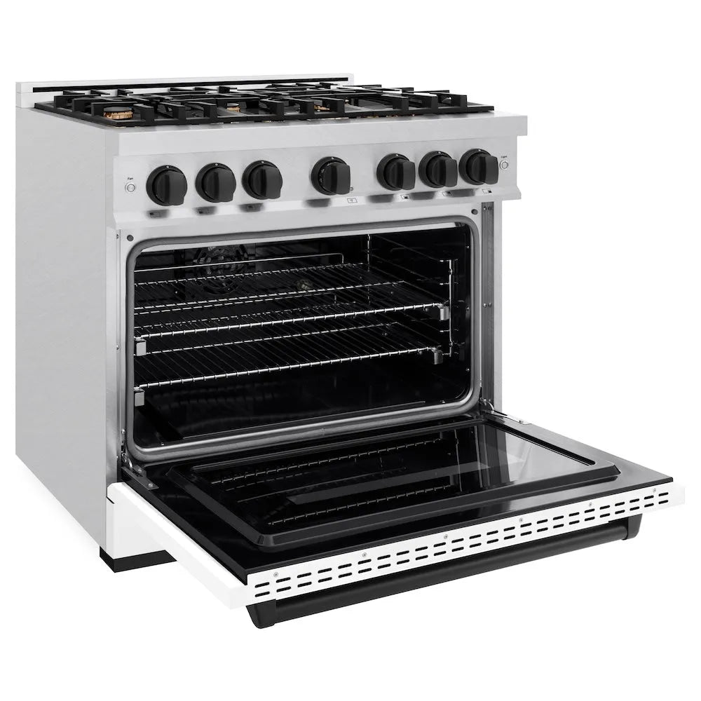 ZLINE Autograph Edition Classic 36-inch range in satin stainless steel with white matte door and matte black accents CDRSZ-WM-36-MB, door open