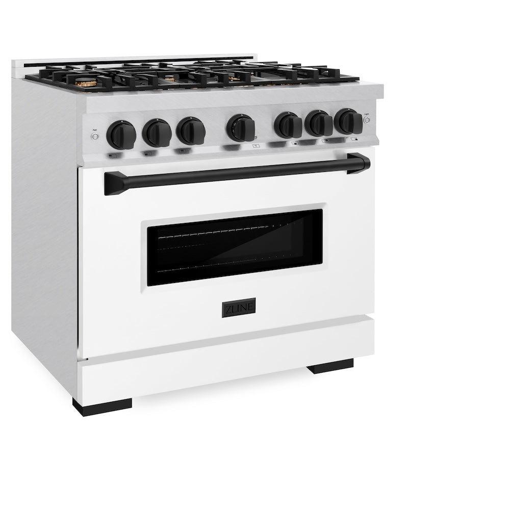 ZLINE Autograph Edition Classic 36-inch range in satin stainless steel with white matte door and matte black accents CDRSZ-WM-36-MB, view 3
