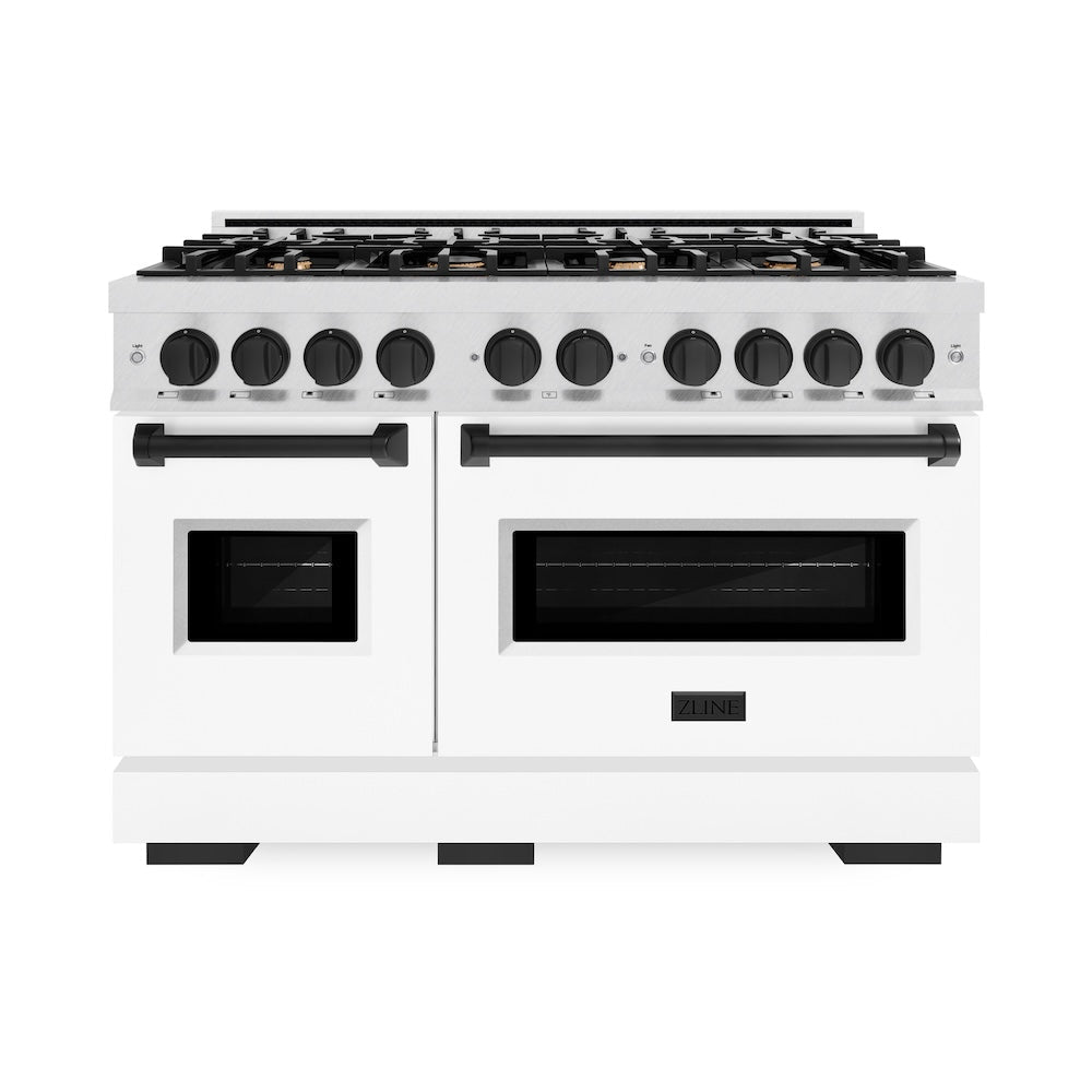 ZLINE Autograph Edition Classic 48-inch range in satin stainless steel with white matte door and matte black accents CDRSZ-WM-48-MB, front view