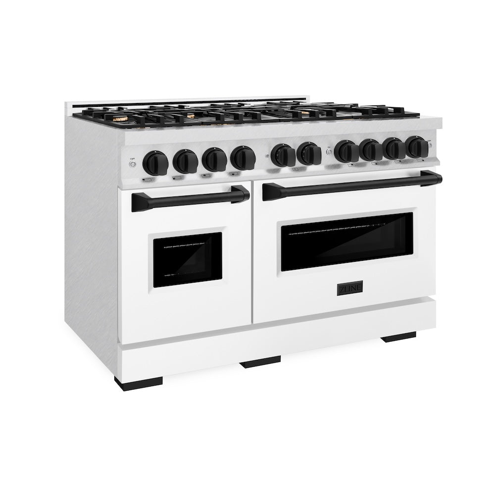 ZLINE Autograph Edition Classic 48-inch range in satin stainless steel with white matte door and matte black accents CDRSZ-WM-48-MB