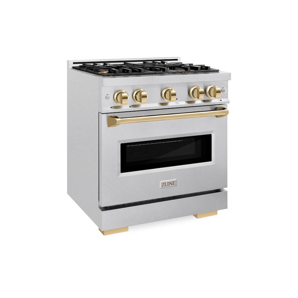 ZLINE Autograph Edition Classic 30-inch range in satin stainless steel and polished gold accents CDRSZ-30-G