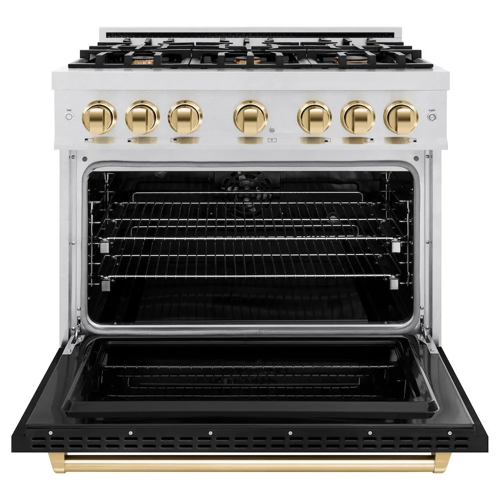 ZLINE Autograph Edition Classic 36-inch range in satin stainless steel and polished gold accents CDRSZ-36-G, front view