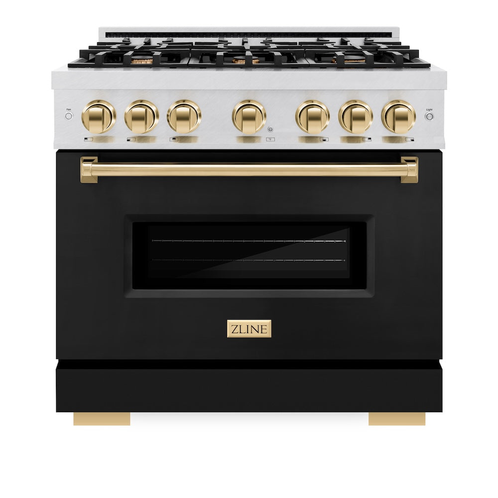 ZLINE Autograph Edition Classic 36-inch range in satin stainless steel with black matte door and polished gold accents CDRSZ-BLM-36-G, front view