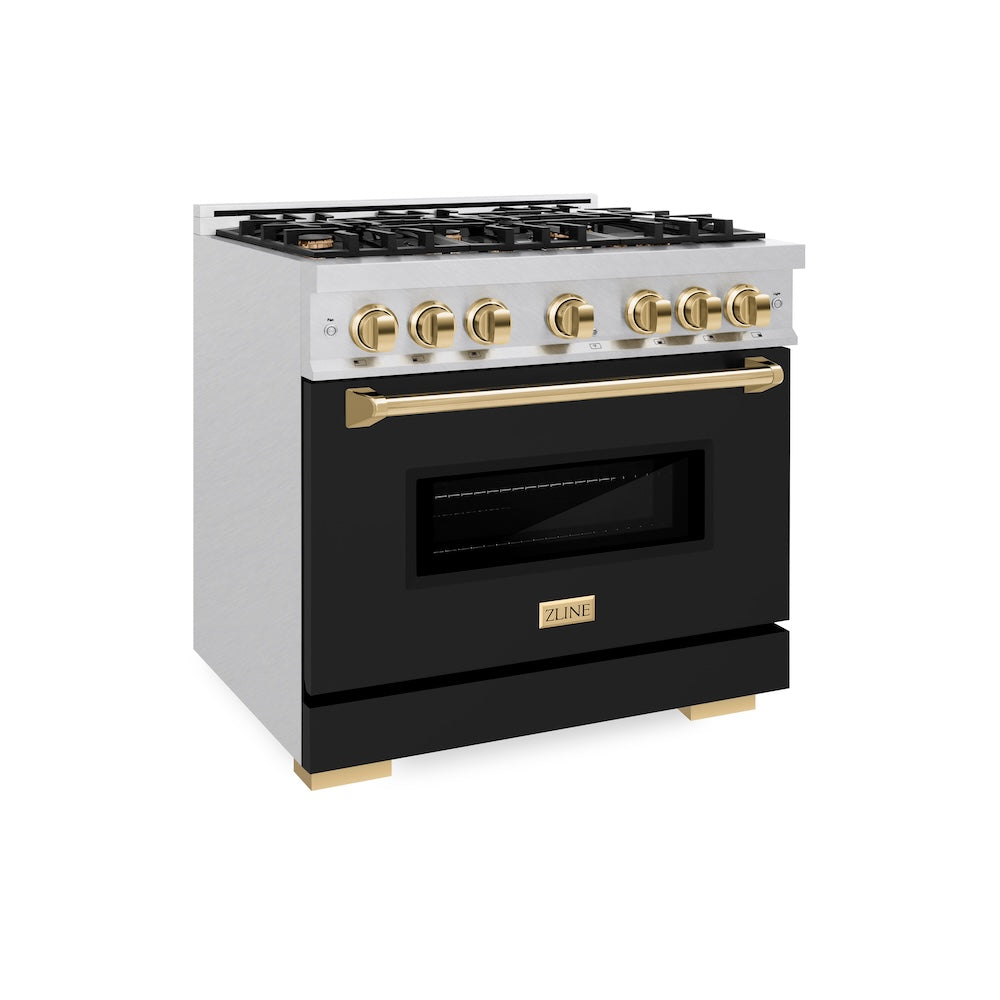 ZLINE Autograph Edition Classic 36-inch range in satin stainless steel with black matte door and polished gold accents CDRSZ-BLM-36-G