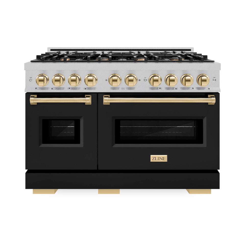 ZLINE Autograph Edition Classic 48-inch range in satin stainless steel with black matte door and polished gold accents CDRSZ-BLM-48-G, front view