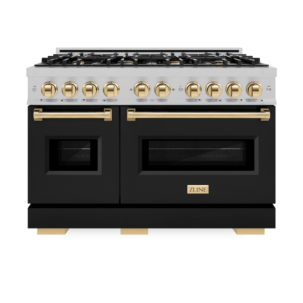 ZLINE Autograph Edition Classic 48-inch range in satin stainless steel with black matte door and polished gold accents CDRSZ-BLM-48-G, front view