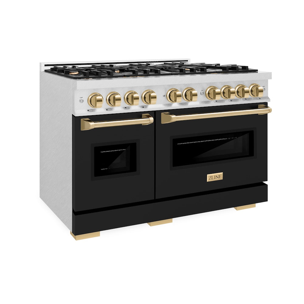 ZLINE Autograph Edition Classic 48-inch range in satin stainless steel with black matte door and polished gold accents CDRSZ-BLM-48-G