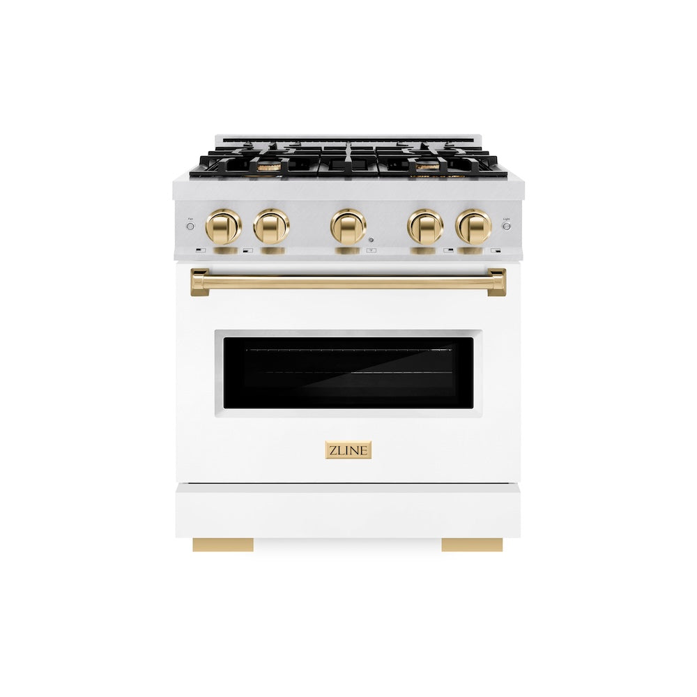 ZLINE Autograph Edition Classic 30-inch range in satin stainless steel with white matte door and polished gold accents CDRSZ-WM-30-G, front view