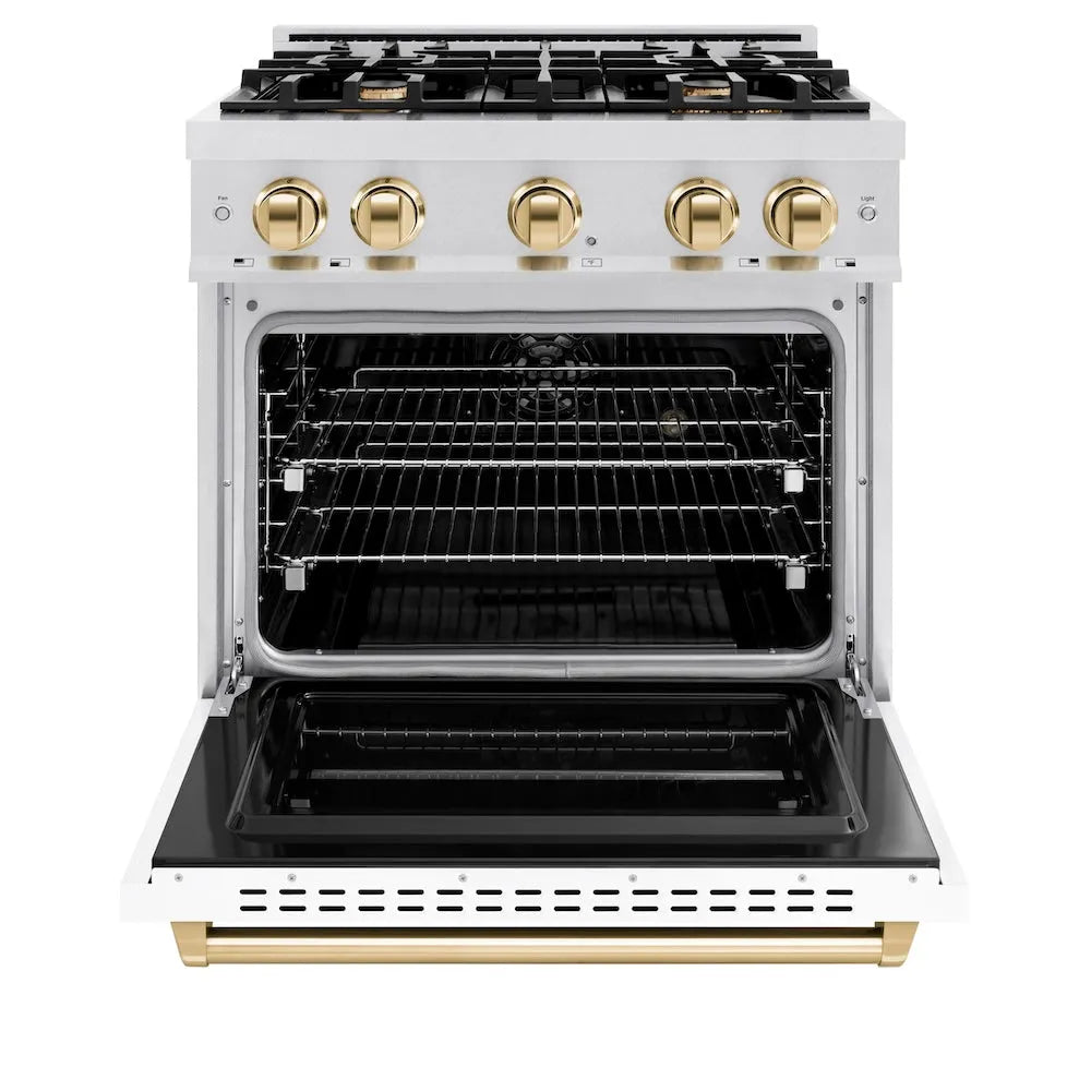 ZLINE Autograph Edition Classic 30-inch range in satin stainless steel with white matte door and polished gold accents CDRSZ-WM-30-G, front view