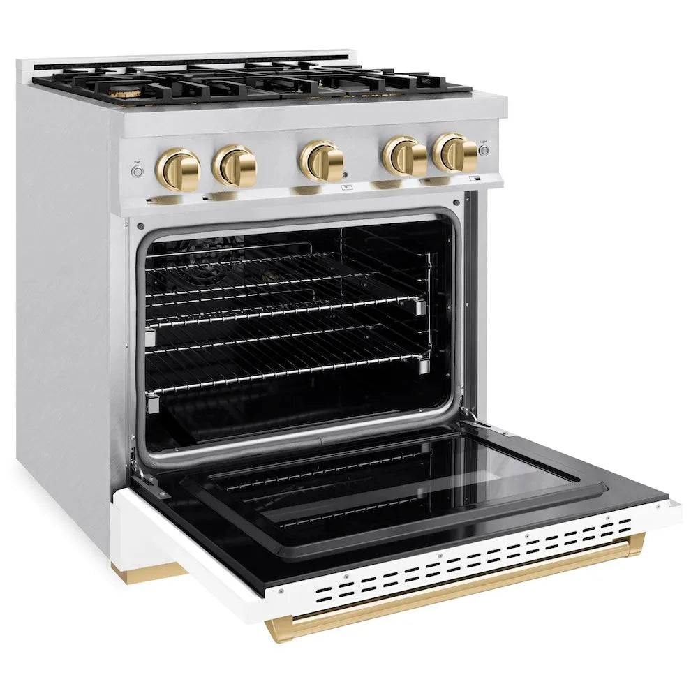 ZLINE Autograph Edition Classic 30-inch range in satin stainless steel with white matte door and polished gold accents CDRSZ-WM-30-G, door open
