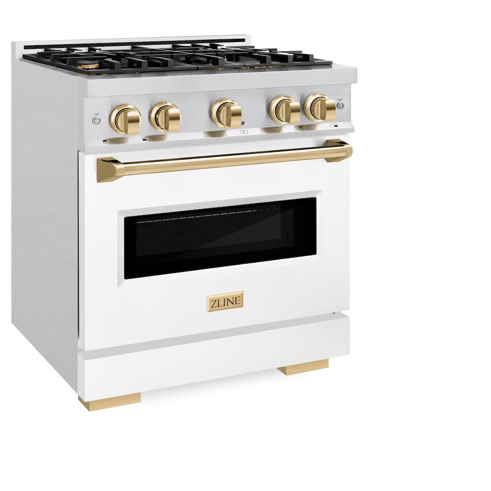 ZLINE Autograph Edition Classic 30-inch range in satin stainless steel with white matte door and polished gold accents CDRSZ-WM-30-G, view 3