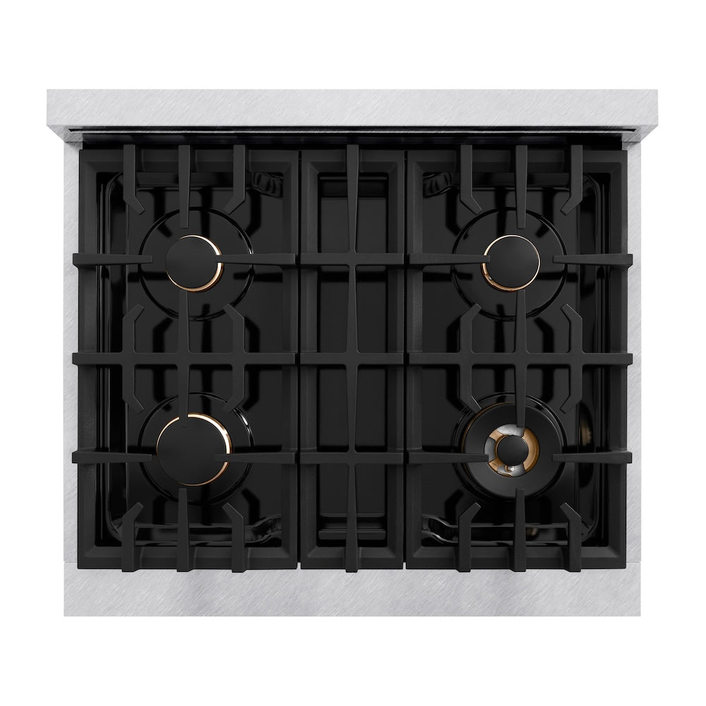 ZLINE Autograph Edition Classic 30-inch range in satin stainless steel with white matte door and polished gold accents CDRSZ-WM-30-G, from above
