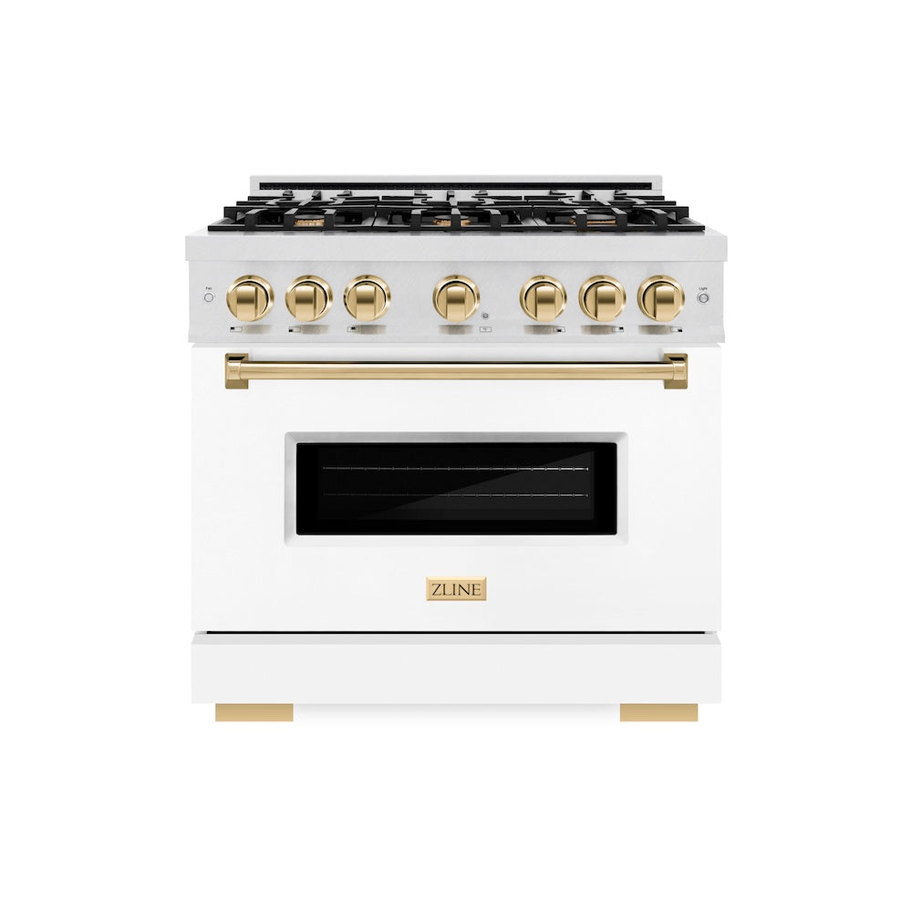 ZLINE Autograph Edition Classic 36-inch range in satin stainless steel with white matte door and polished gold accents CDRSZ-WM-36-G, front view