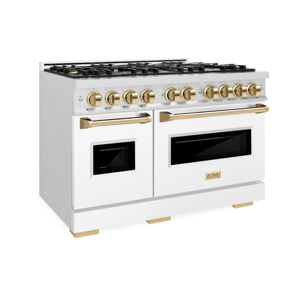 ZLINE Autograph Edition Classic 48-inch range in satin stainless steel with white matte door and polished gold accents CDRSZ-WM-48-G
