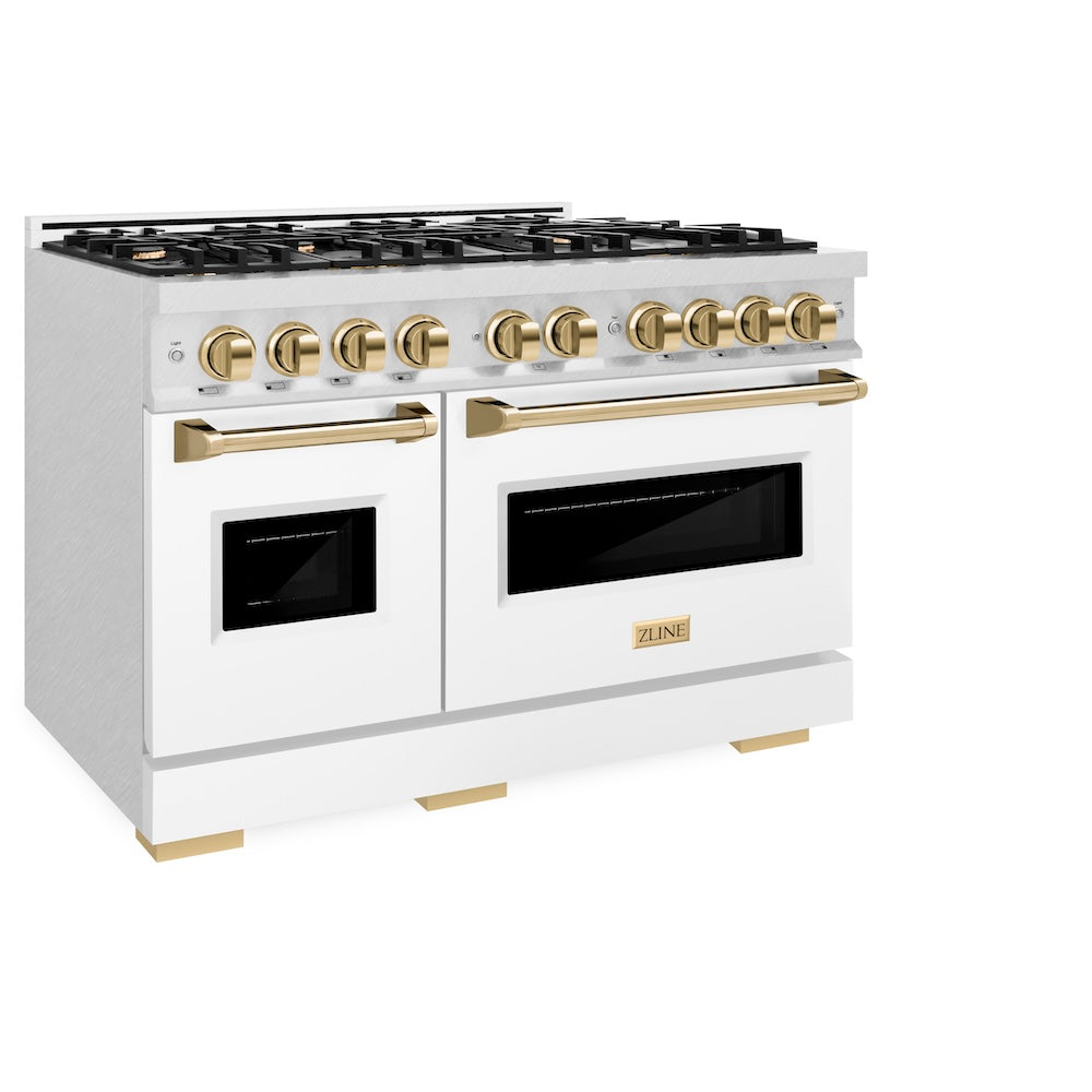 ZLINE Autograph Edition Classic 48-inch range in satin stainless steel with white matte door and polished gold accents CDRSZ-WM-48-G, view 6