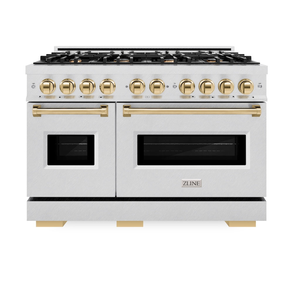 ZLINE Autograph Edition Classic 48-inch range in satin stainless steel and polished gold accents CDRSZ-48-G, front view