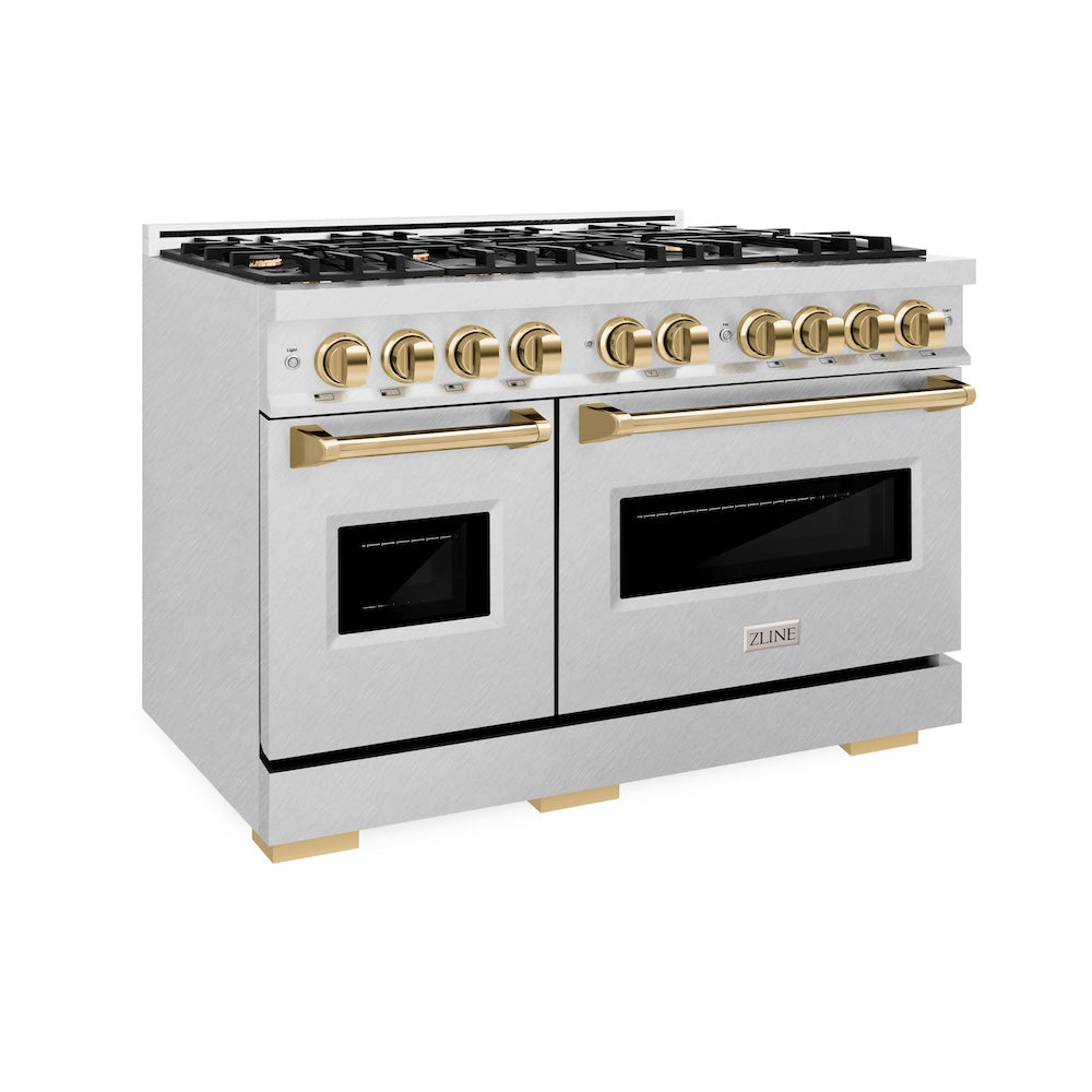 ZLINE Autograph Edition Classic 48-inch range in satin stainless steel and polished gold accents CDRSZ-48-G
