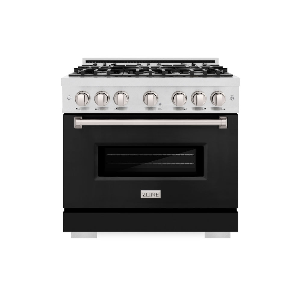 ZLINE Classic 36-inch range in satin stainless steel with black matte door CGRS-BLM-36, front view