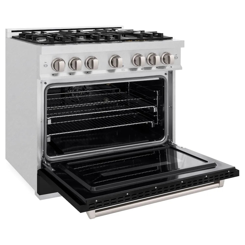 ZLINE Classic 36-inch range in satin stainless steel with black matte door CGRS-BLM-36, door open
