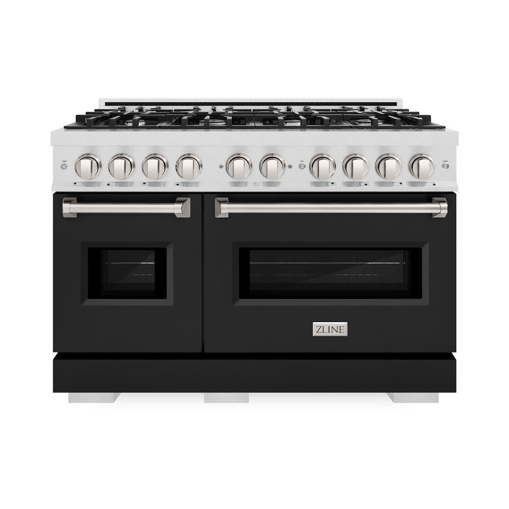 ZLINE Classic 48-inch range in satin stainless steel with black matte door CGRS-BLM-48, front view