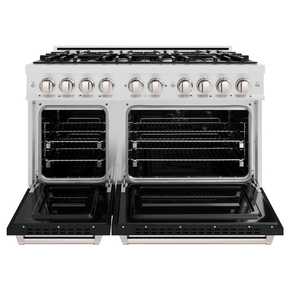 ZLINE Classic 48-inch range in satin stainless steel with black matte door CGRS-BLM-48, front view