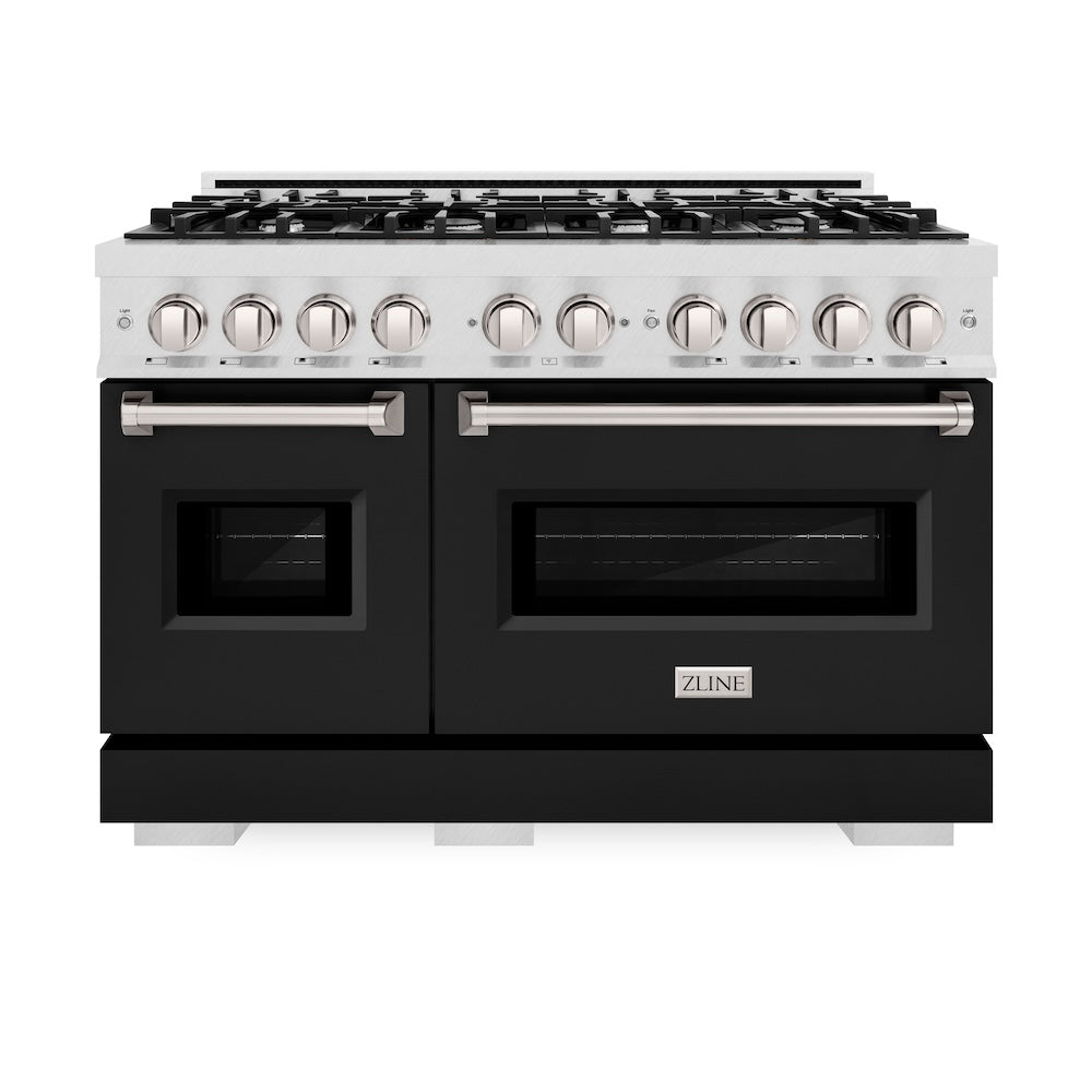 ZLINE Classic 48-inch range in satin stainless steel with black matte door CGRS-BLM-48, front view